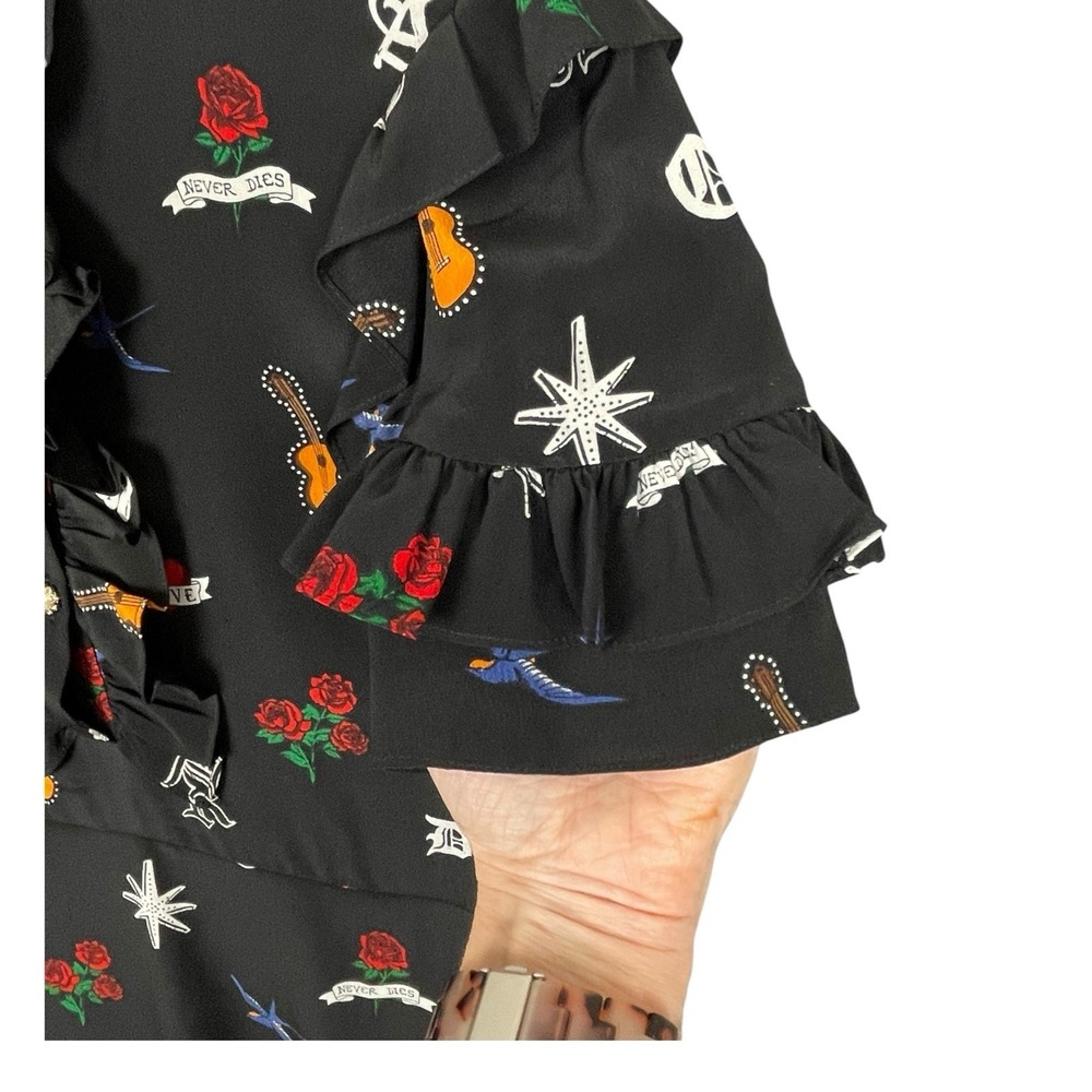 Sandro Whimsical Rock n Roll Silk Dress Size 2 Goth Ruffle Trim Pearl Buttons - Picture 6 of 11